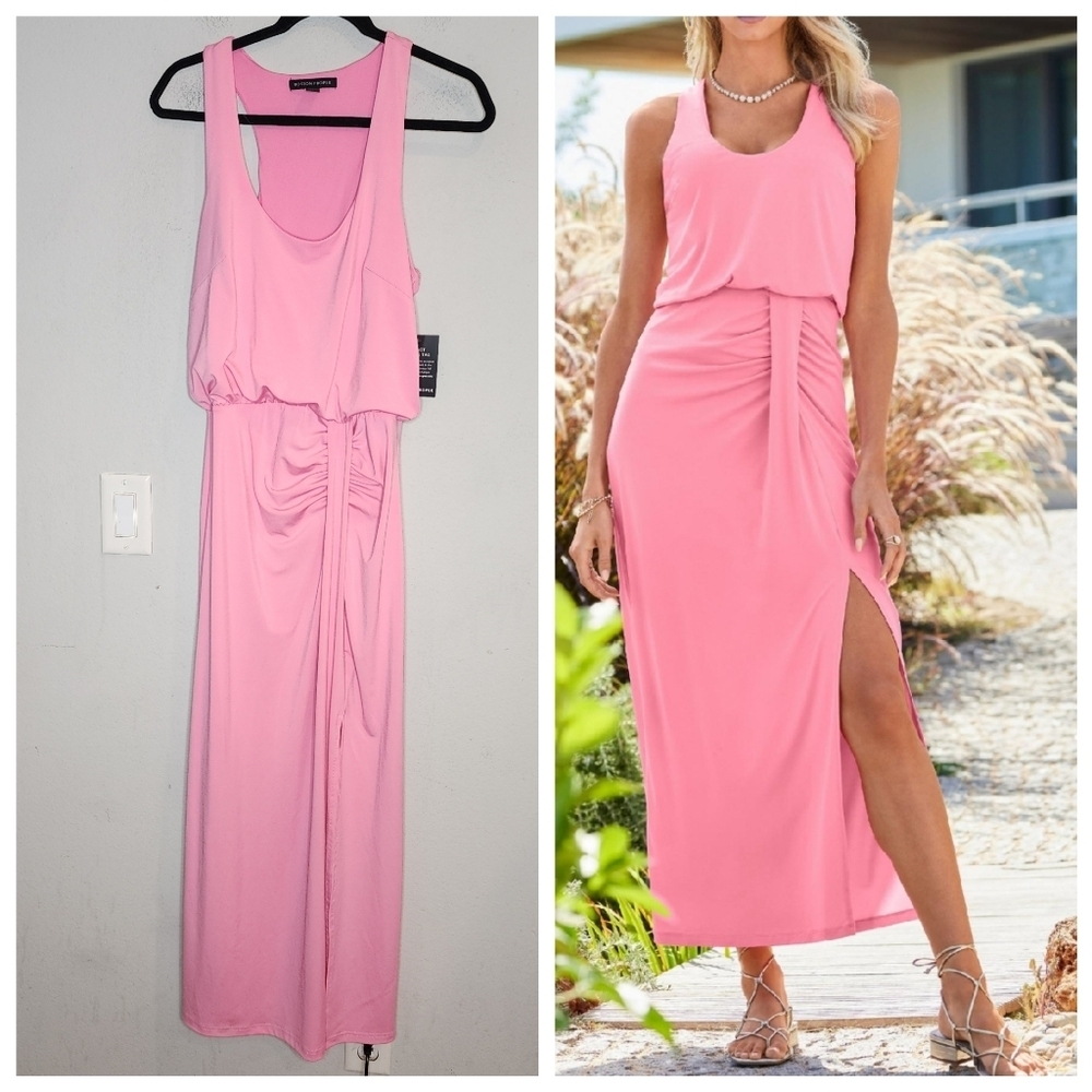 NWT Boston Proper Pink Stretch Scoopneck Blouson Slit Midi‎ Maxi Dress Size M